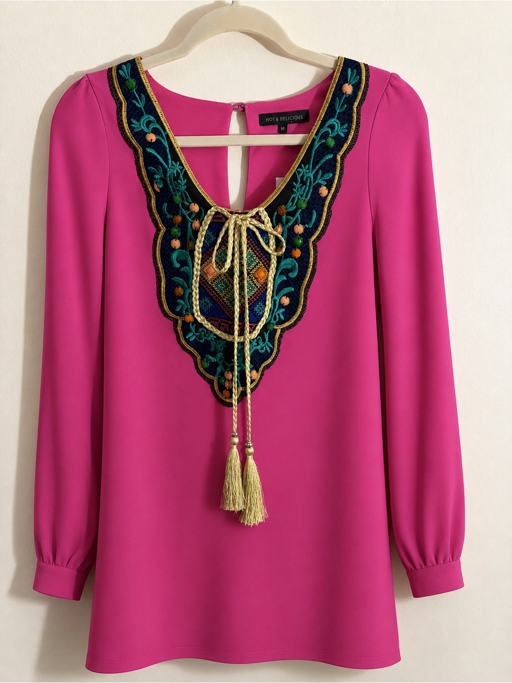 Hot & Delicious Fuchsia Embroidered Tassel V-Neck Blouse